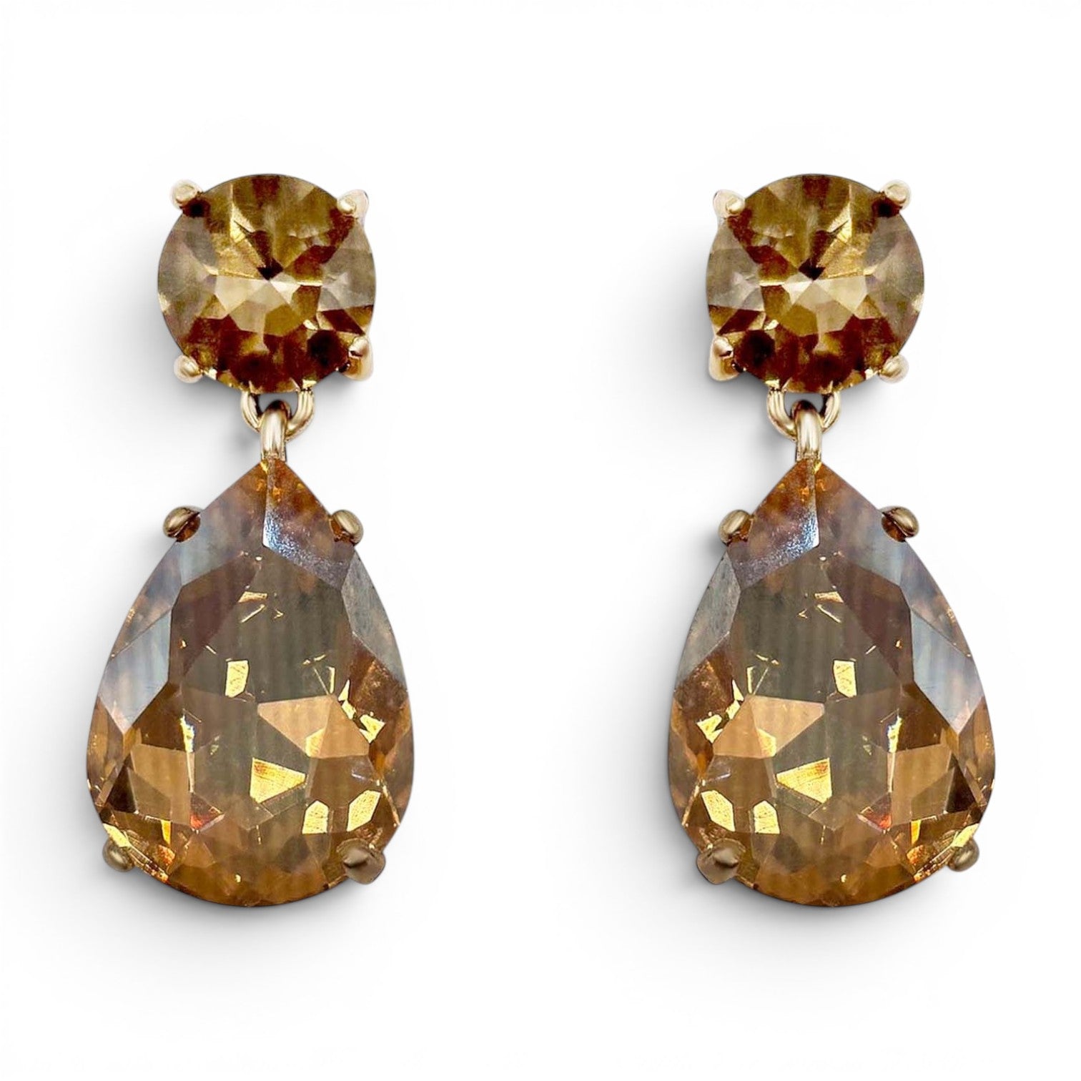 Marina Large Pear-Faceted Champagne Crystal Drop Earrings In Brass With Gold Plating