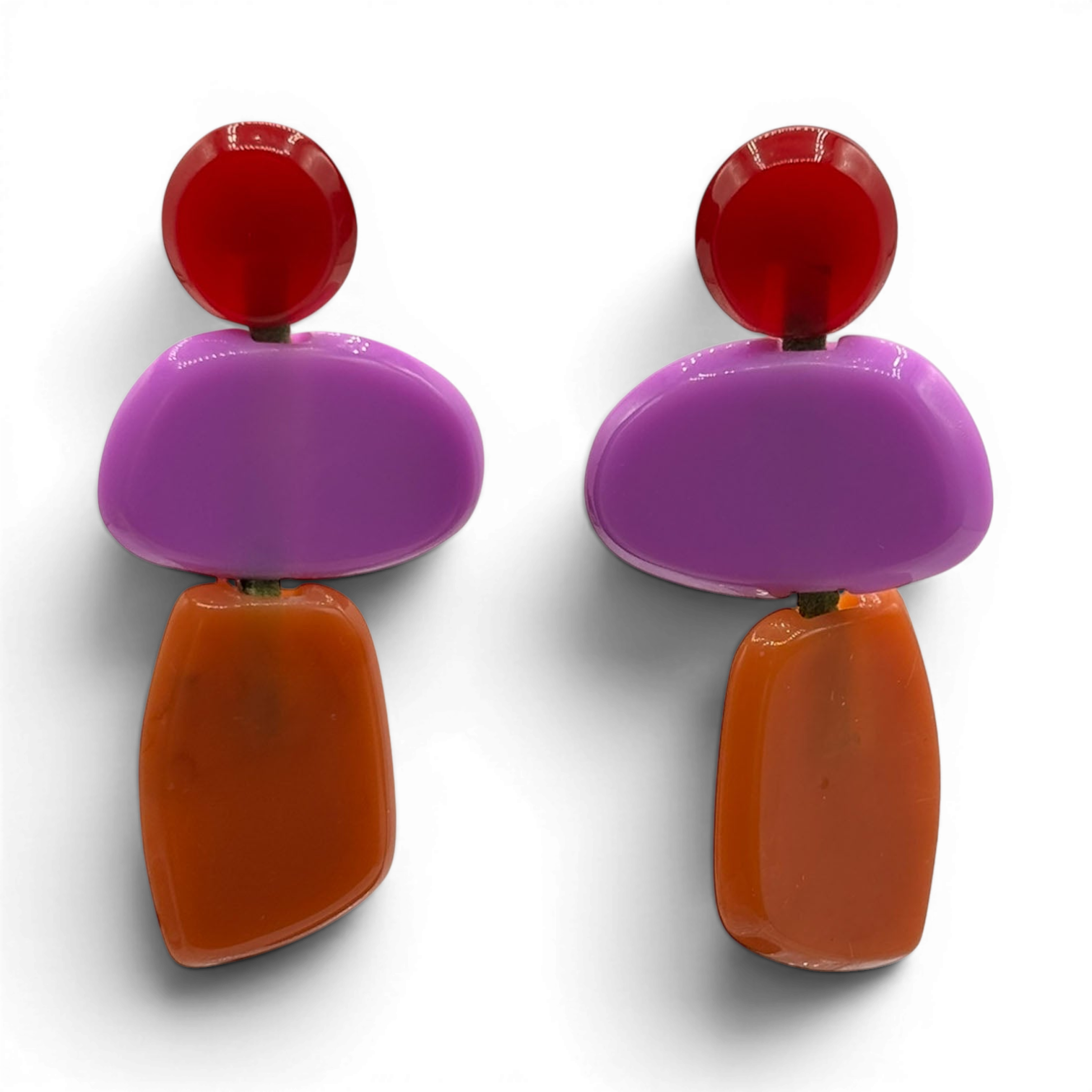 Puzzle Resin Red, Purple, Amber Multi Triple Drop Earrings