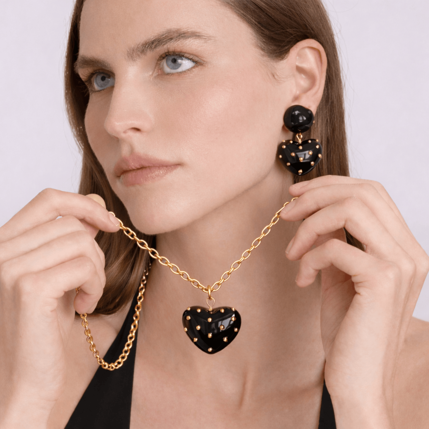 Lavinia Black Resin Studded Heart Drop Earrings