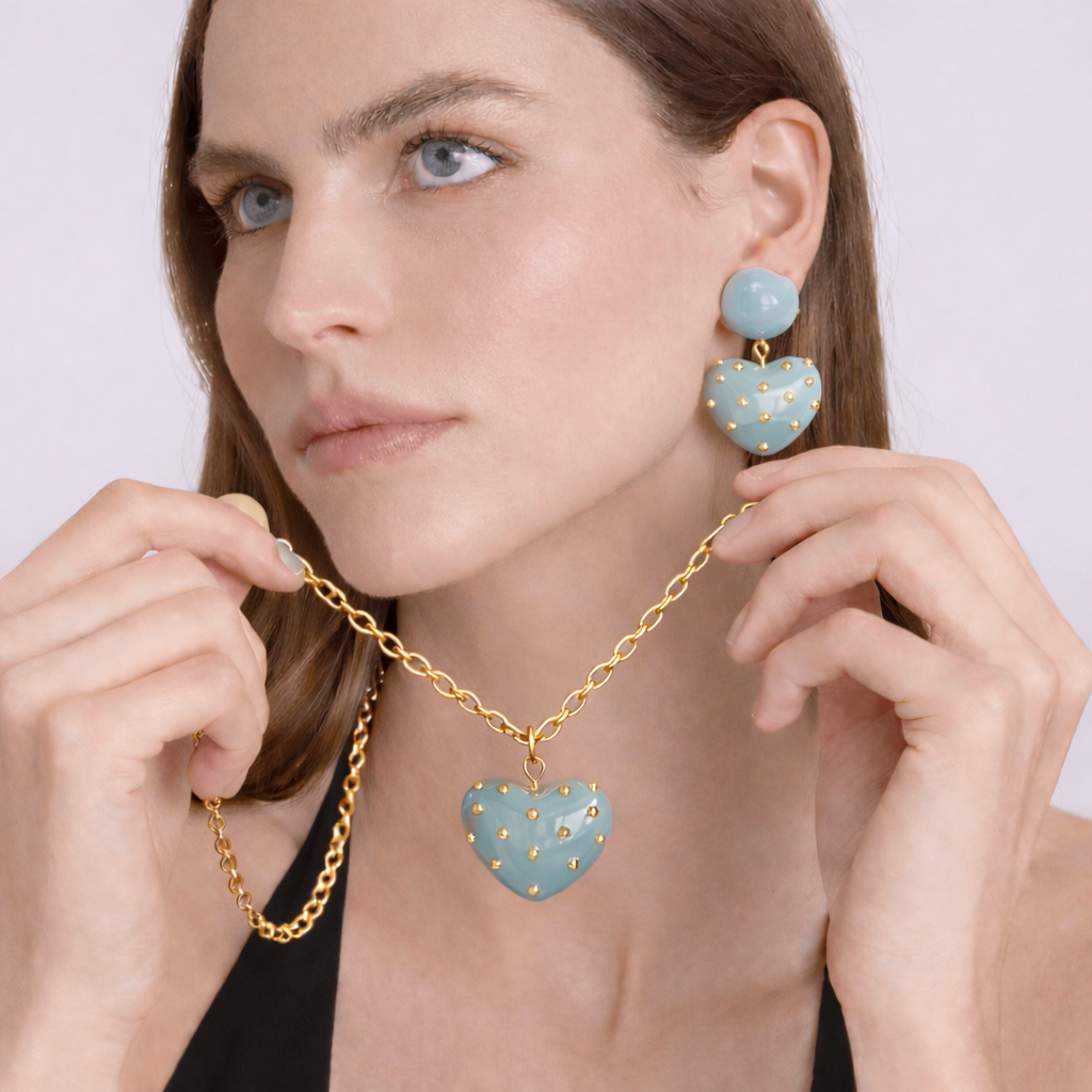 Lavinia Aqua Resin Studded Heart Drop Earrings