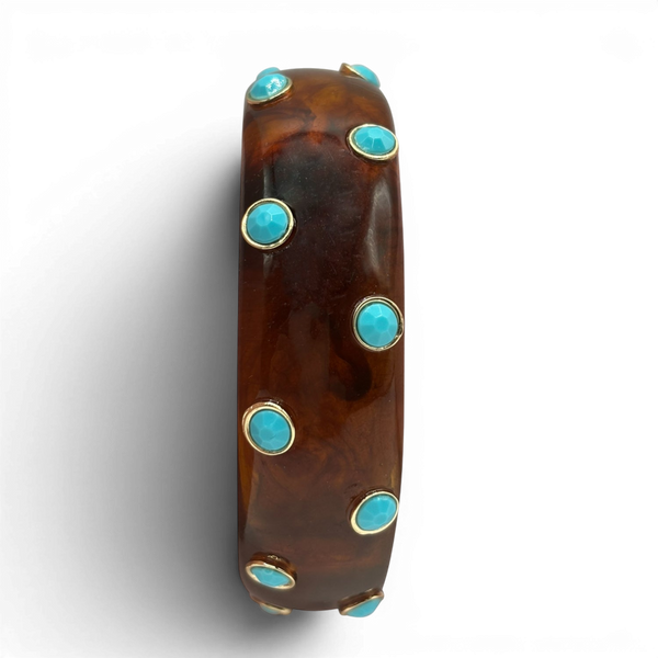Seraphina Tortoise Resin Bangle With Turquoise Glass Stones In Gold-Plated Brass Settings