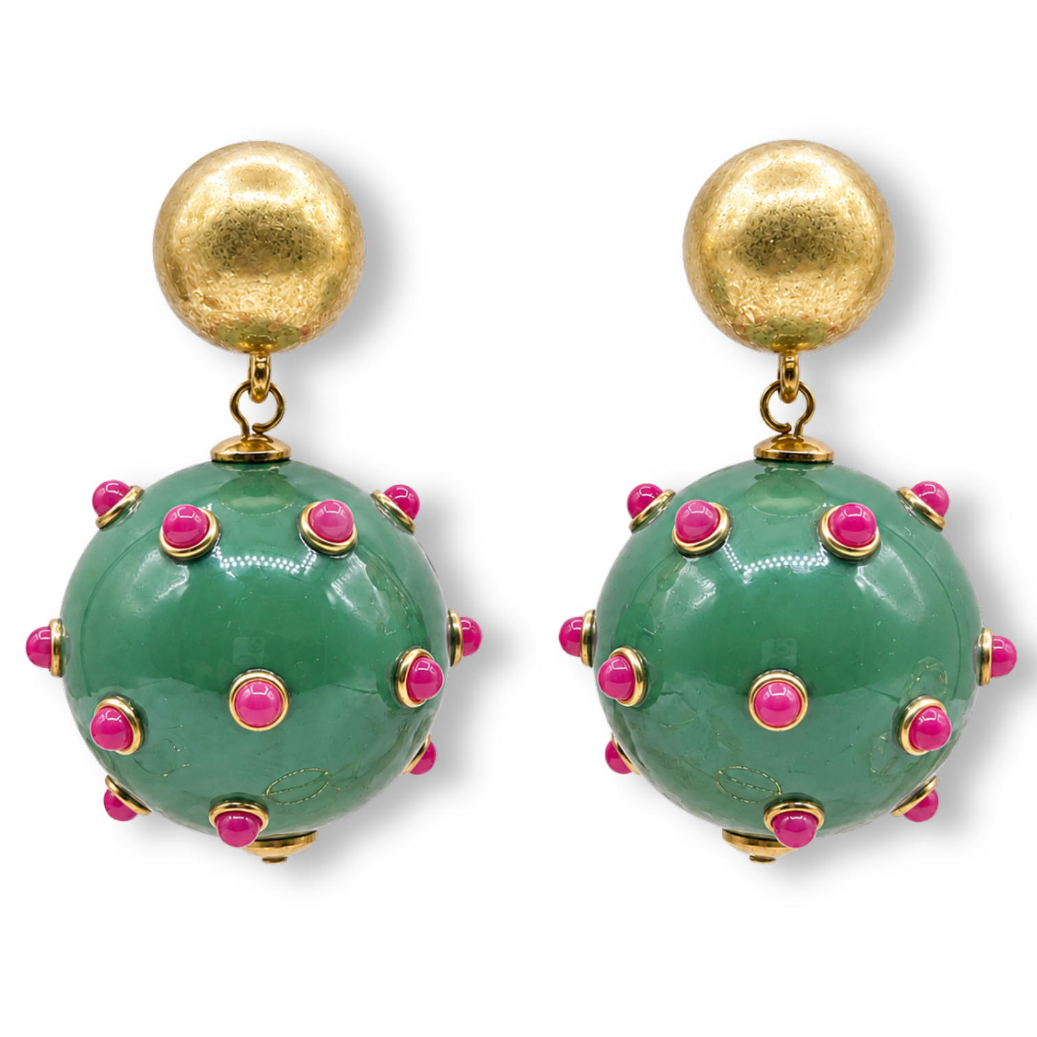 Sienna Forest Green And Fuchsia Studded Ball Drop Earrings