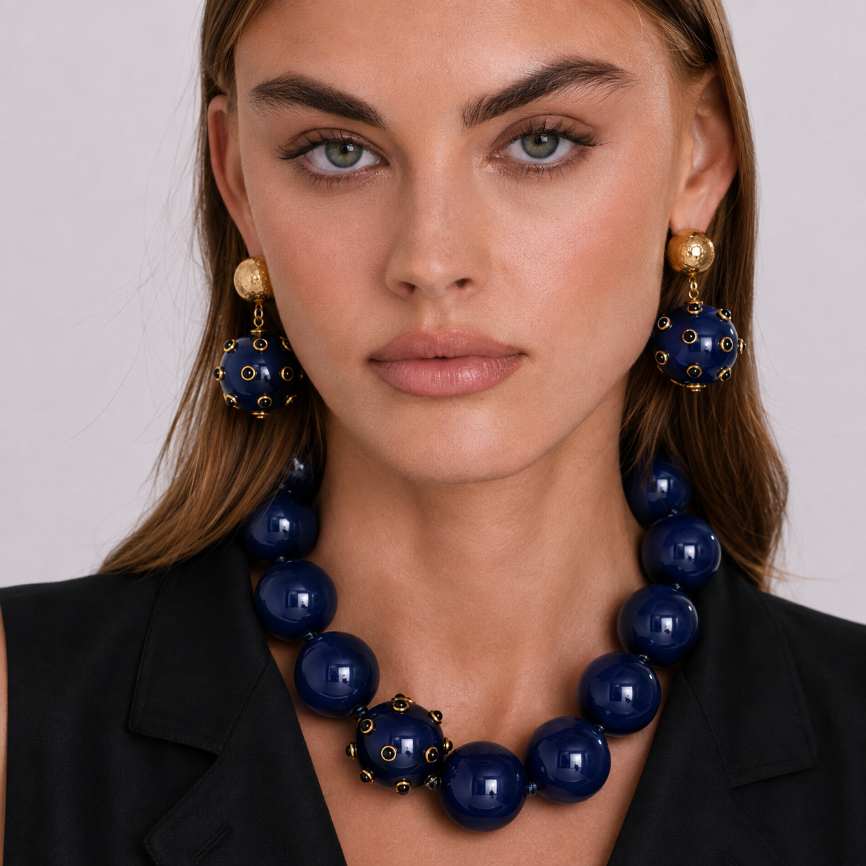 Sienna Navy Blue And Black Studded Ball Drop Earrings