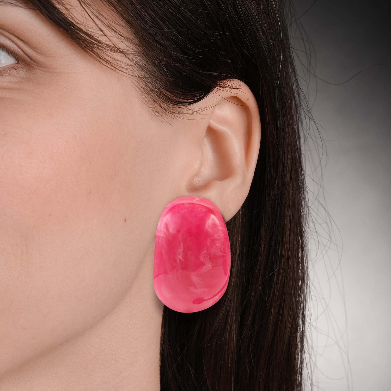 Merrie Fuchsia Marbled Resin Semi Hoop Clip On Earrings