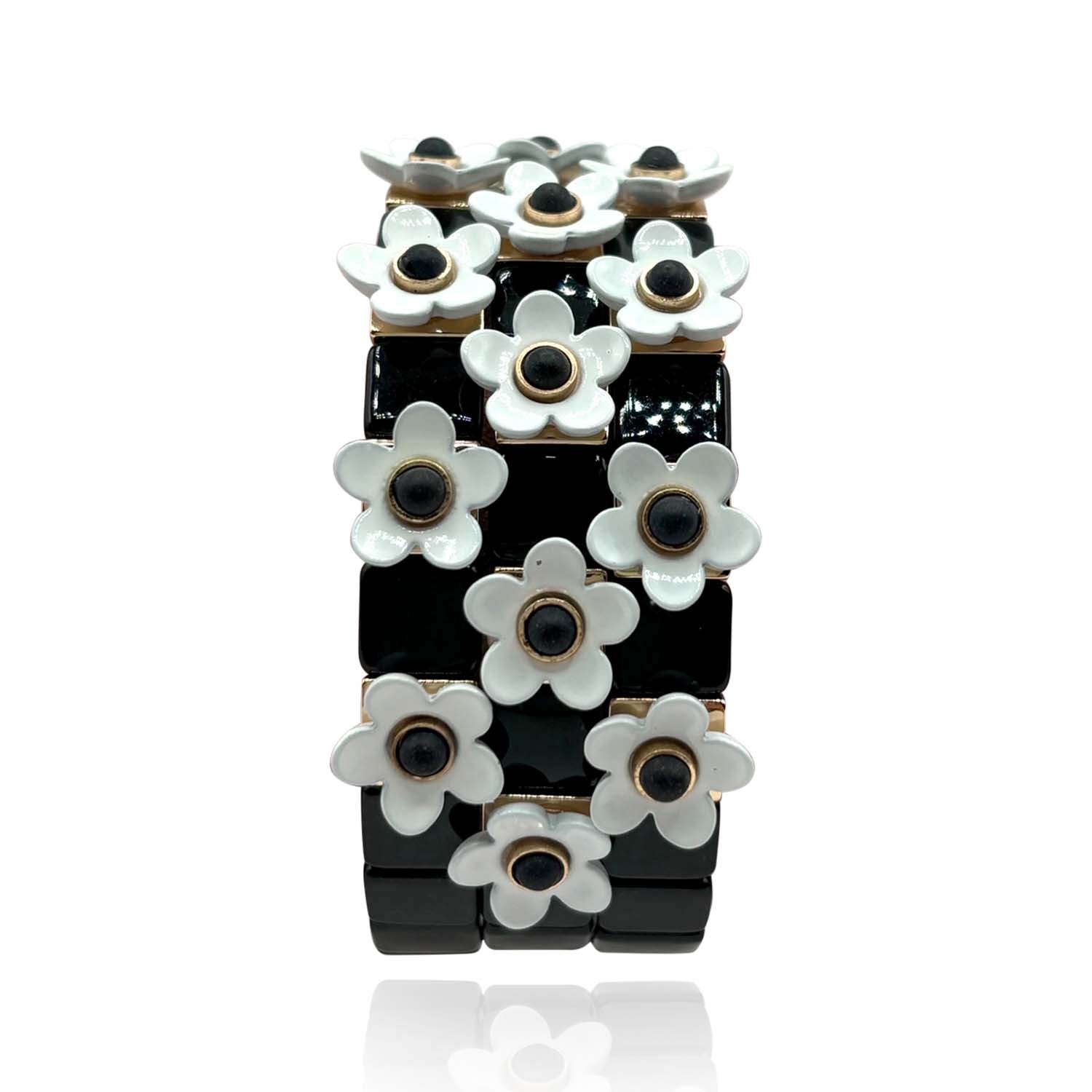 Grazia Black And White Floral Enamel Elasticized Bracelets
