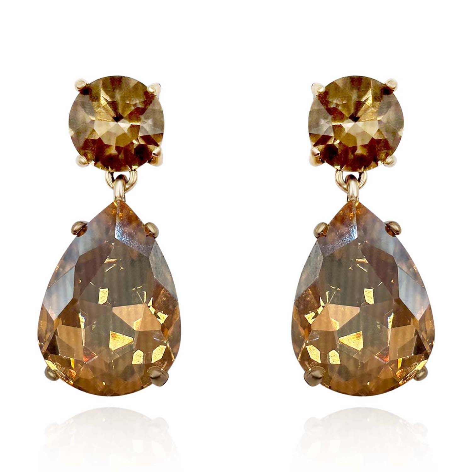 Marina Large Pear-Faceted Champagne Crystal Drop Earrings In Brass With Gold Plating
