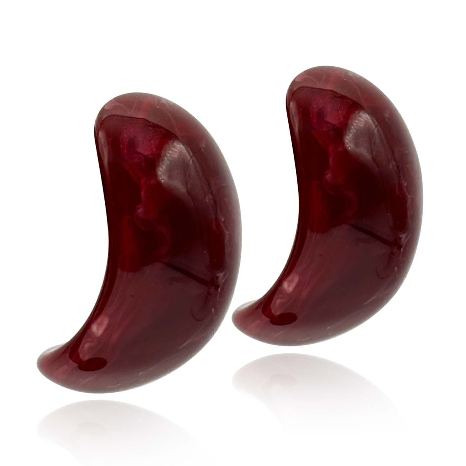 Pendientes de aro con clip de resina jaspeada color rubí y burdeos