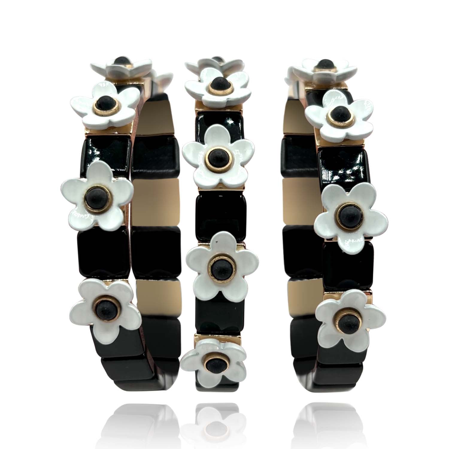 Grazia Black And White Floral Enamel Elasticized Bracelets