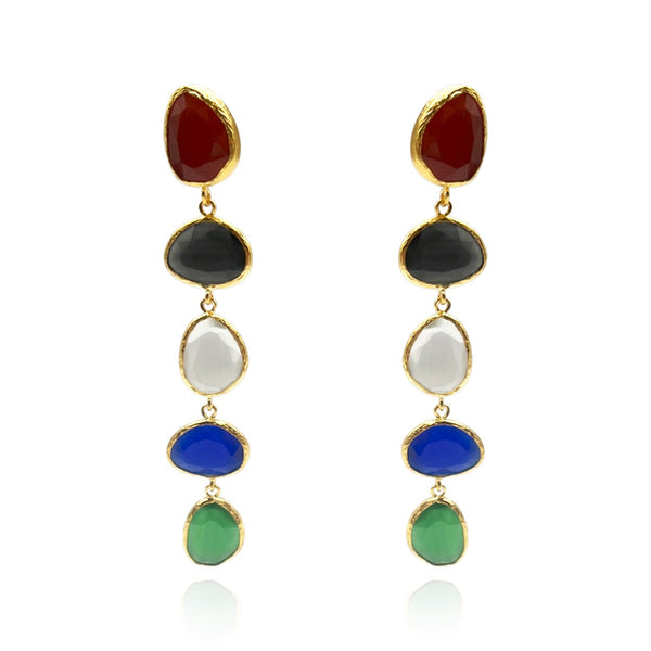 Cadenza Gold Plated Brass Drop Earrings With Multi-Color Cat'S Eye