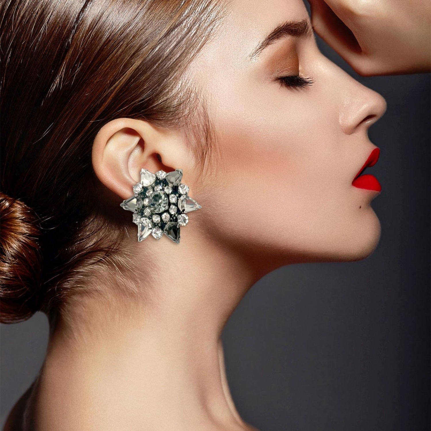 Caterina Large Clip Earring With Black Diamond And Crystal Multi-Stones