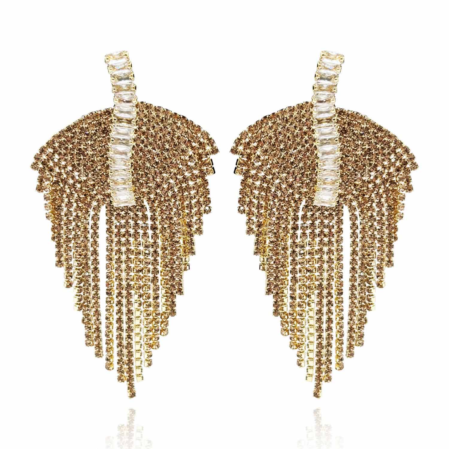 Mimi Deco Style Gold Clip On Drop Earrings With Crystal And Crystal Baguette Accents