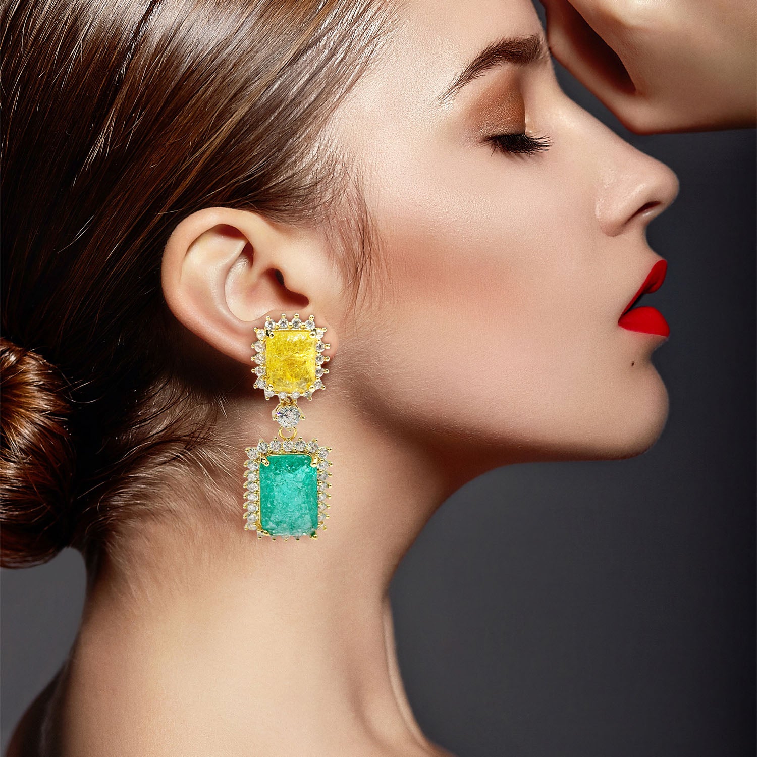 Ally Canary And Emerald Crystal Clip On Earrings In Gold Plated Brass