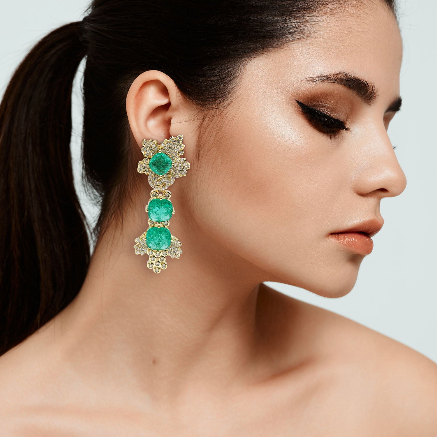 Calogera Gold Plated Clip On Drop Earrings With Emerald And Crystal