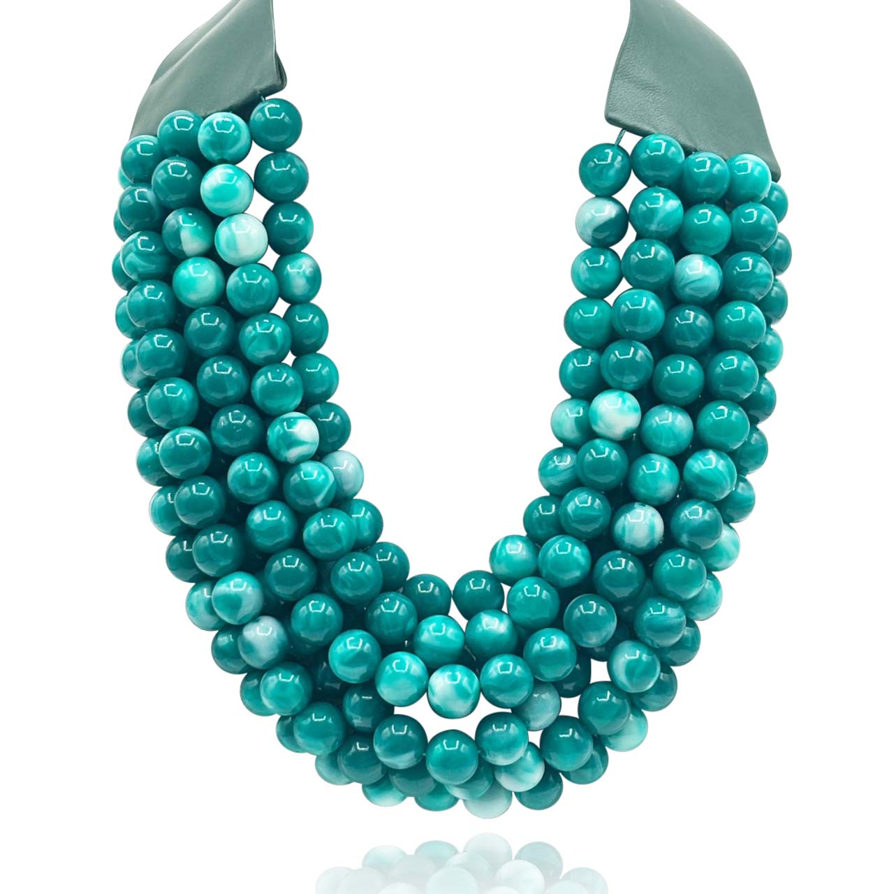 Isadora Multi Shades Of Turquoise Multi Strand Resin Necklace With Ivory Vegan Adjustable Clasp