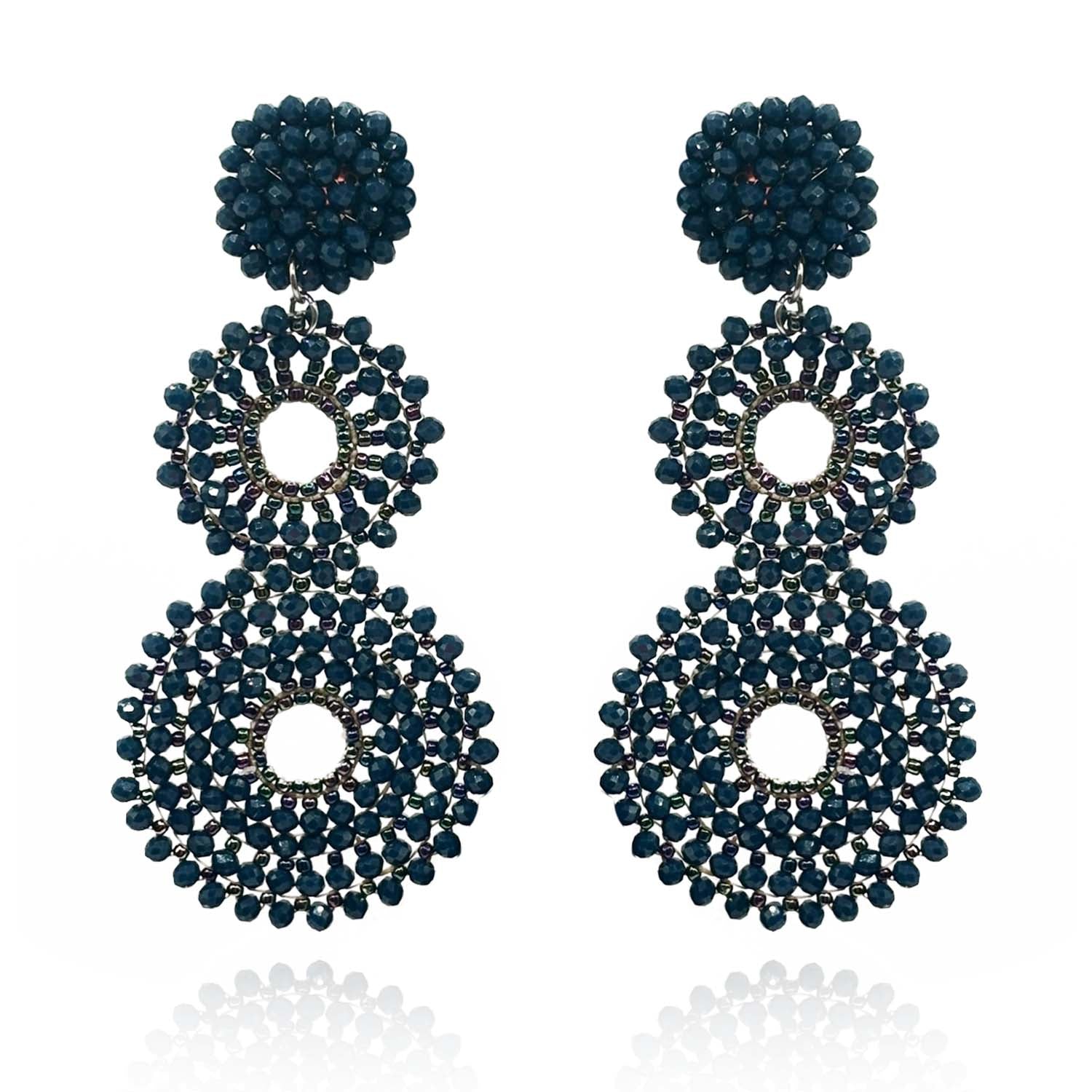 Lizzie Navy Glass Clip On Boho Drop Earrings