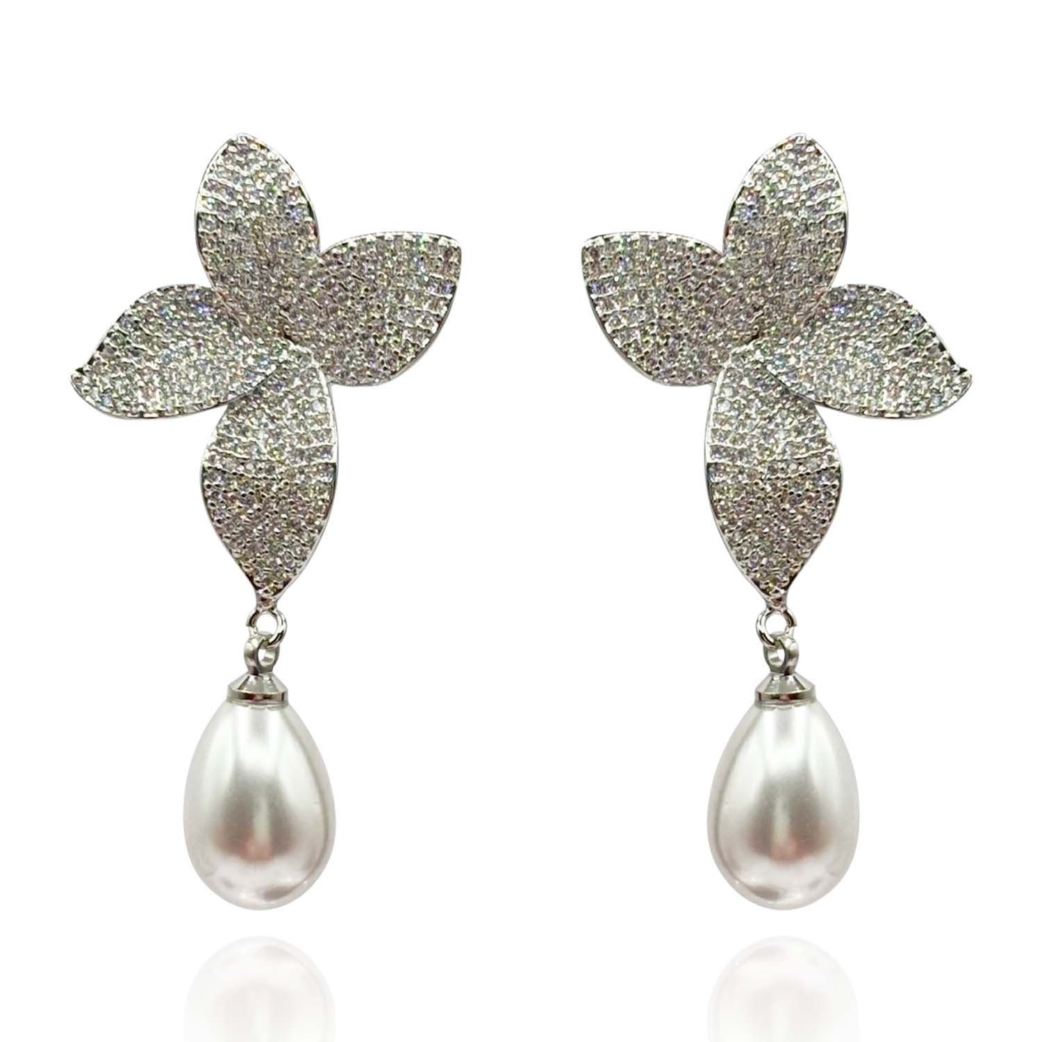 Liviana Cubic Zirconium Pave And Pearl Drop Clip On Earrings