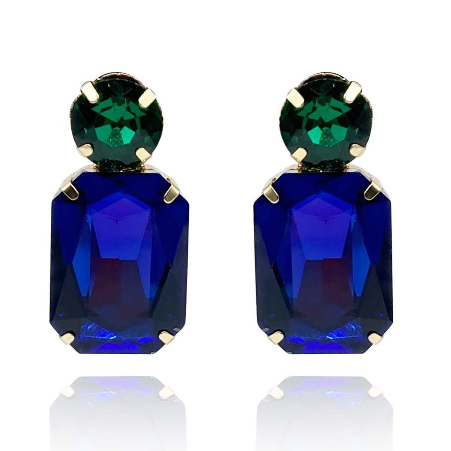 Adelle Dark Sapphire Crystal Octagon And Emerald Round Stone Drop Earrings
