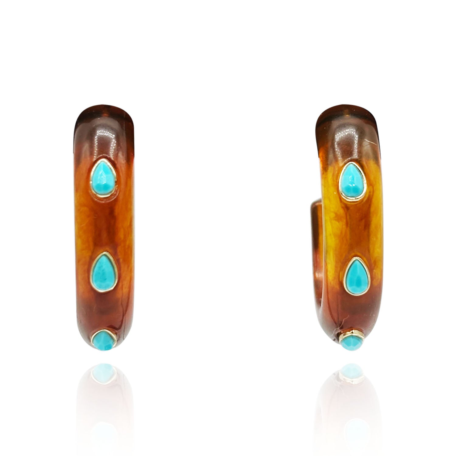 Genevieve Tortoise Resin Hoop Earrings With Faceted Turquoise Glass Pear Stones