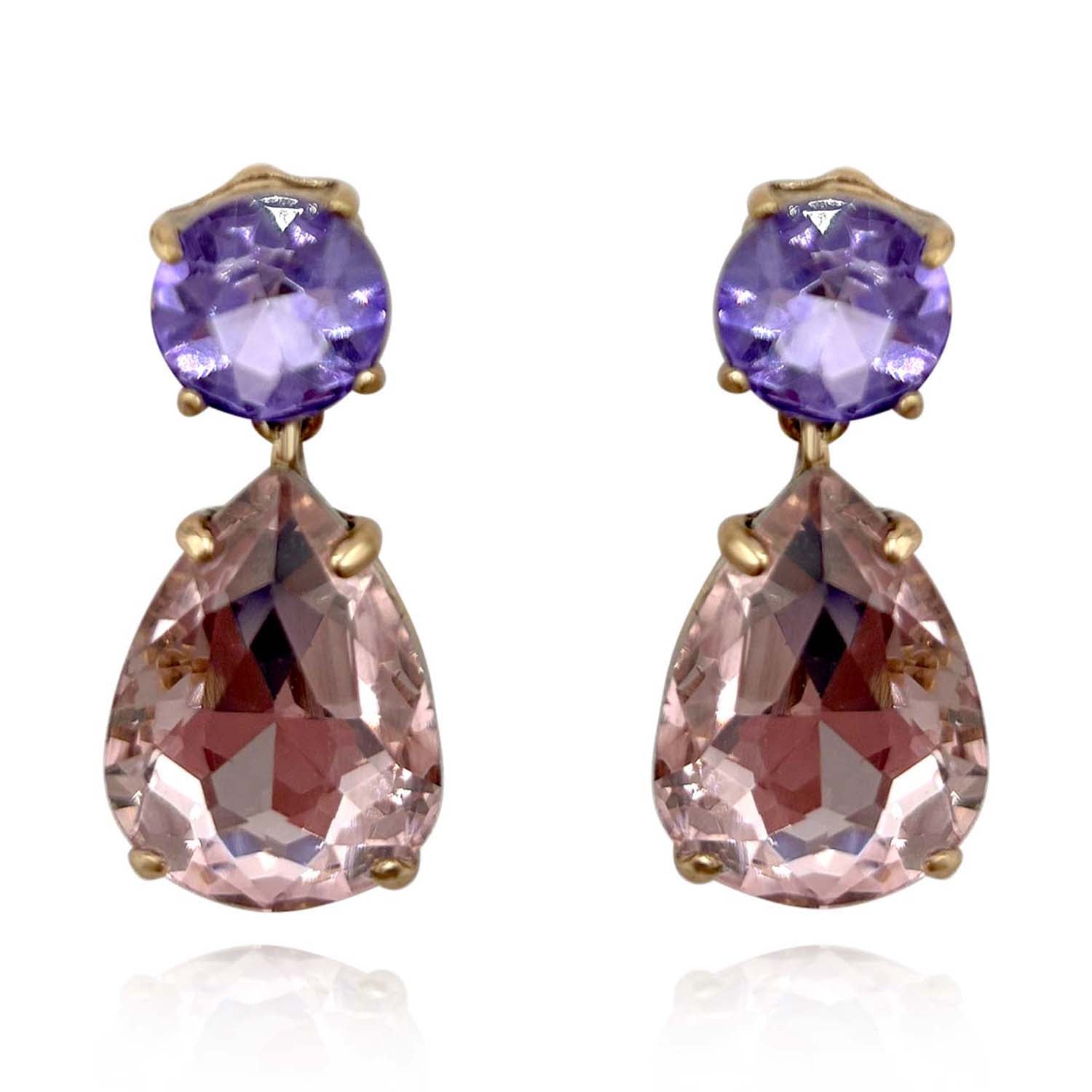 Marina Large Pear-Faceted Rose And Light Amethyst Crystal Drop Earrings In Brass With Gold Plating