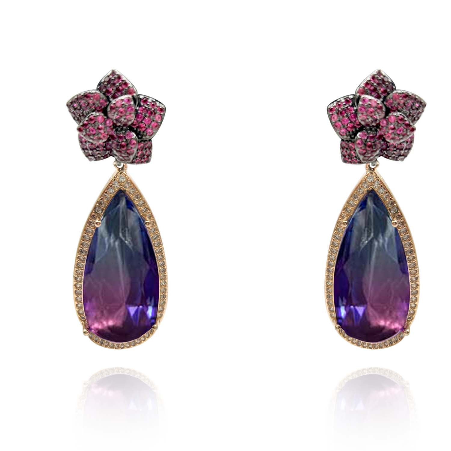 Fernanda Ruby Cubic Zirconium Flower With Elongated Amethyst Cubic Zirconium Pear Drop Earrings