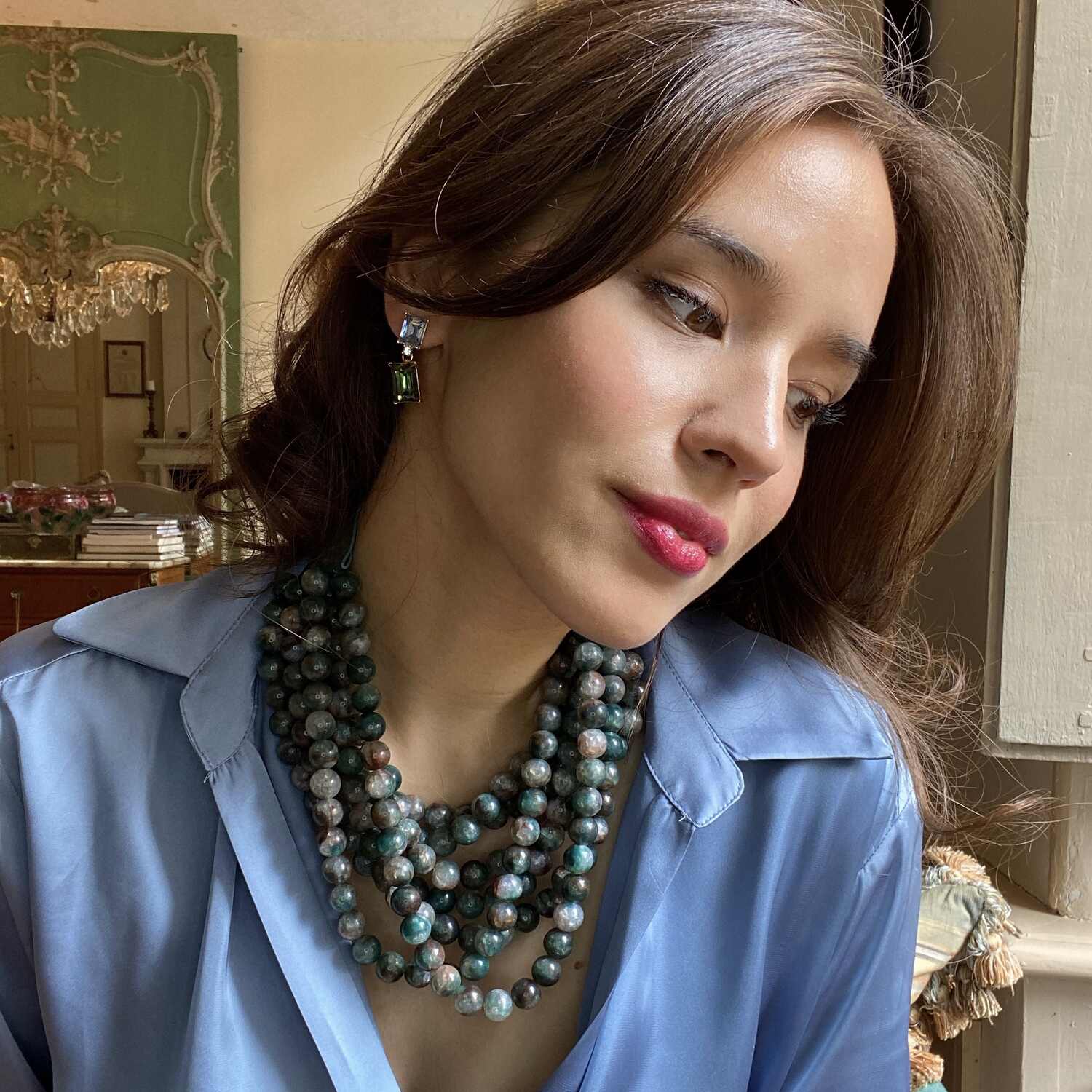 Isadora Multi-Strand Green Onyx Resin Necklace With Vegan Adjustable Clasp