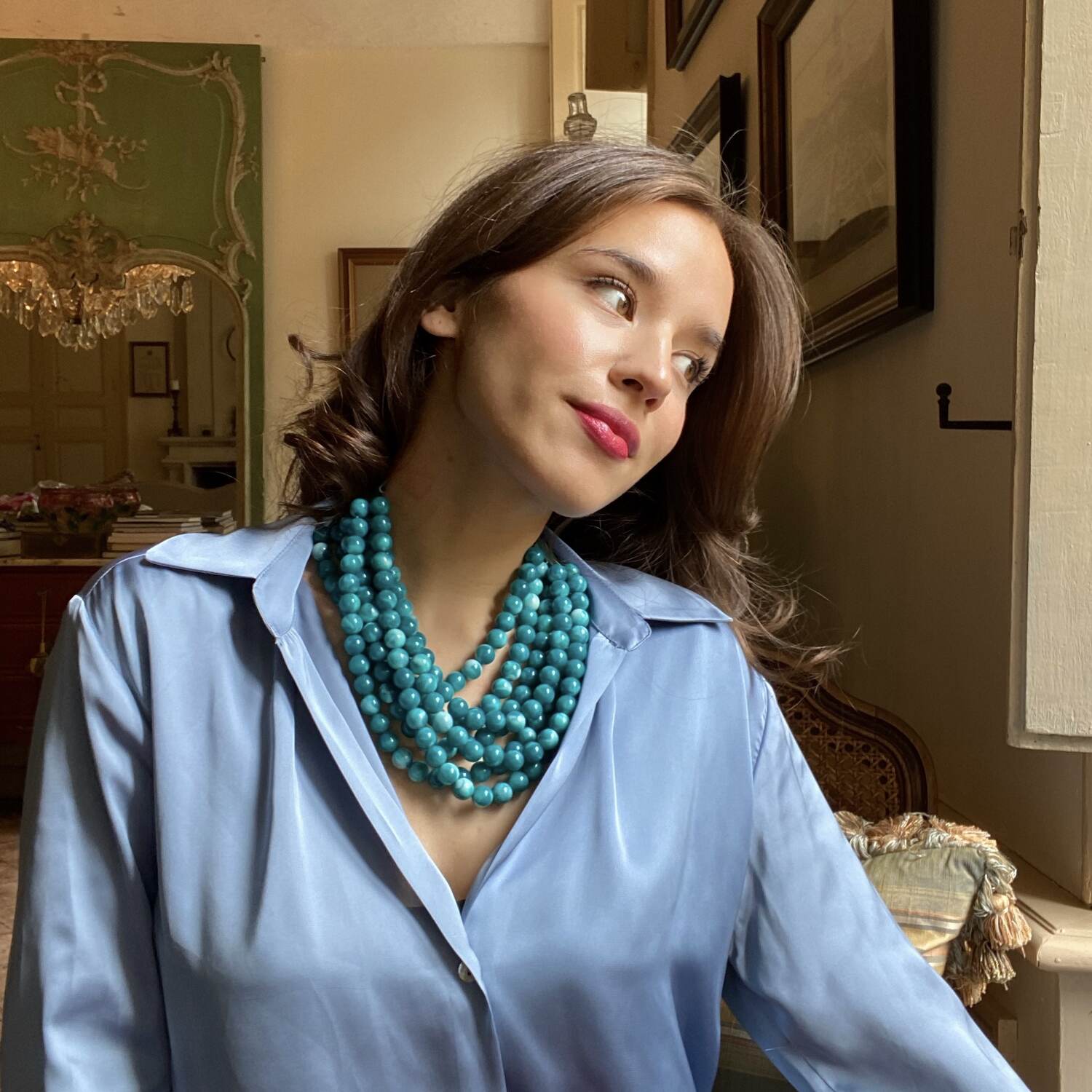 Isadora Multi Shades Of Turquoise Multi Strand Resin Necklace With Ivory Vegan Adjustable Clasp
