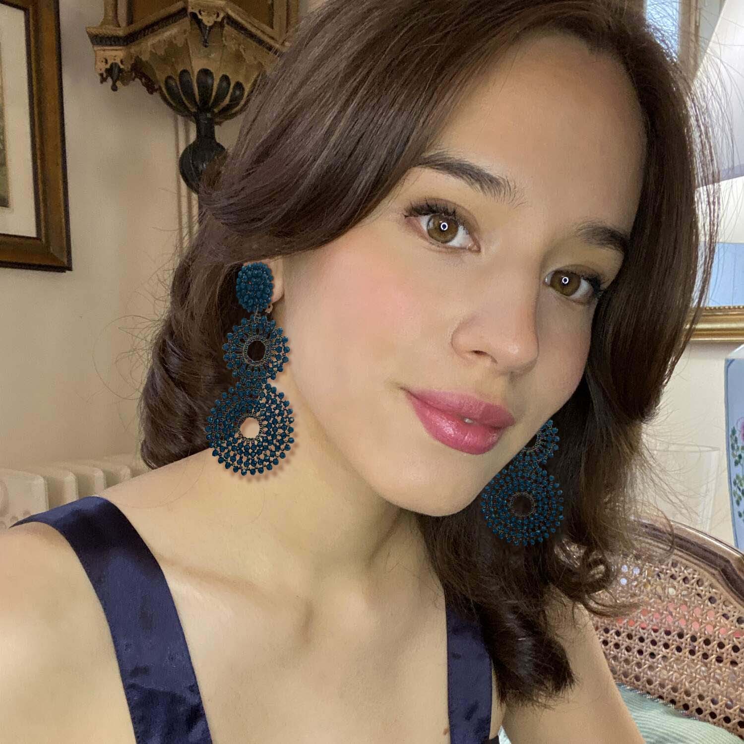 Lizzie Navy Glass Clip On Boho Drop Earrings