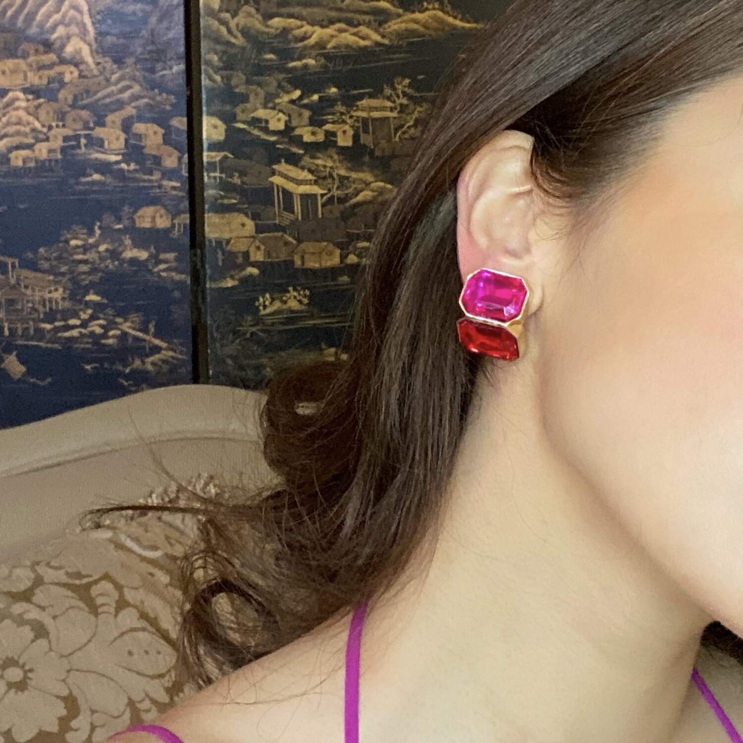 Clara Fuchsia And Ruby Double Stone Clip Earrings
