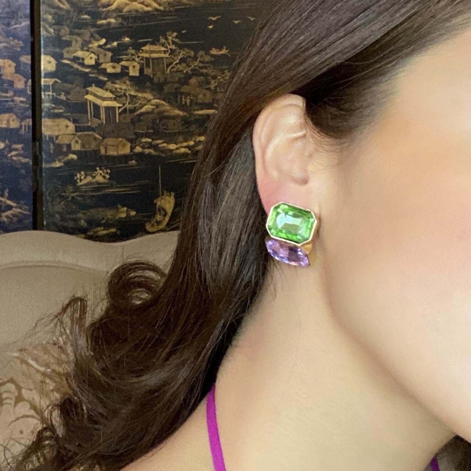 Clara Peridot And Light Amethyst Double Stone Clip Earrings