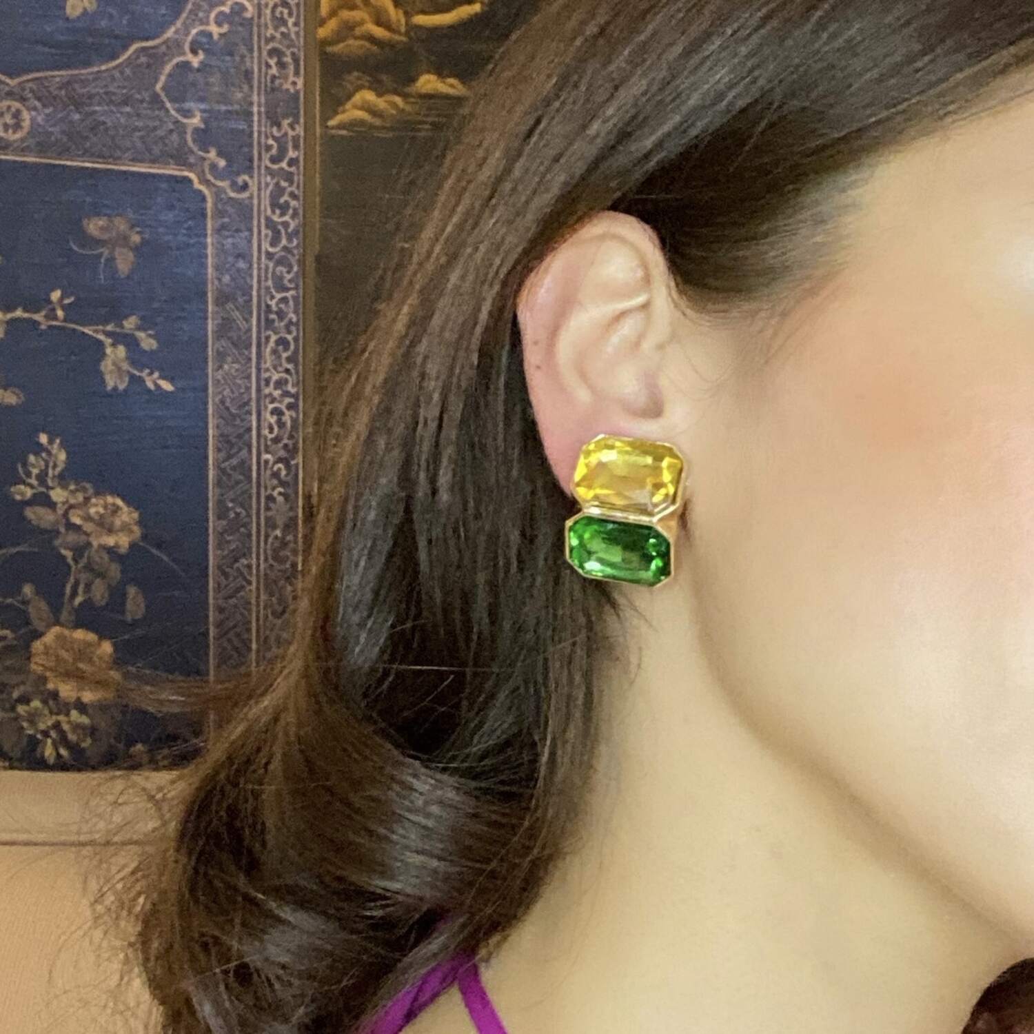 Clara Topaz And Emerald Double Stone Clip Earrings