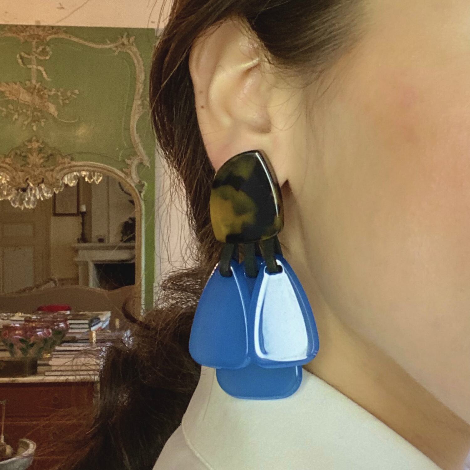 Patrizia Tortoise Resin Top Earrings With Light Blue Resin Drops