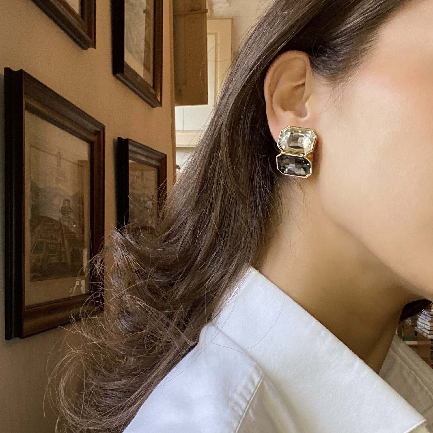 Clara Crystal And Black Diamond  Double Stone Clip Earrings