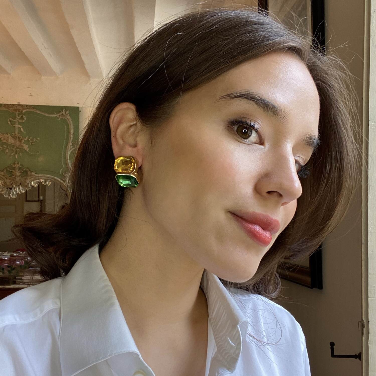 Clara Topaz And Emerald Double Stone Clip Earrings