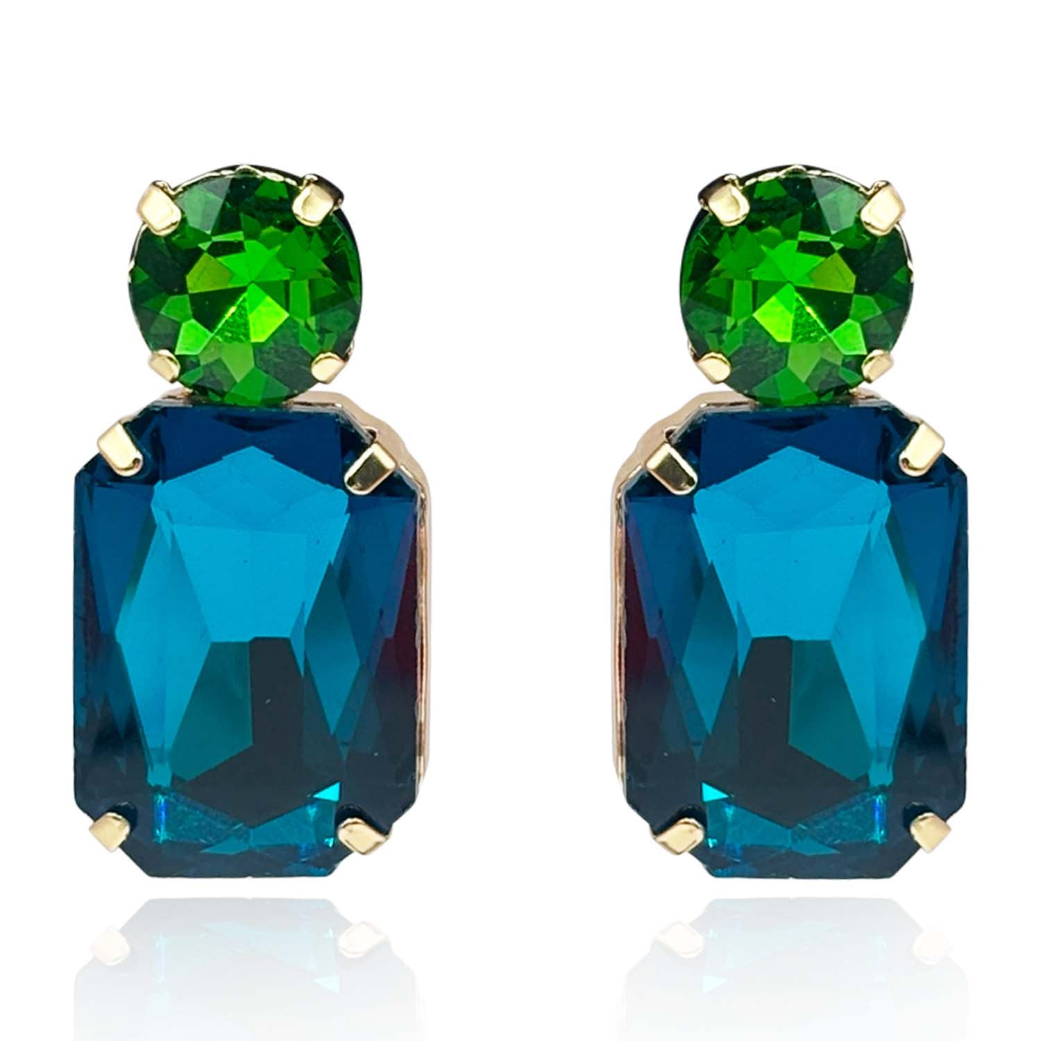 Adelle Peacock Blue Crystal Octagon And Green Tourmaline Round Stone Drop Earrings
