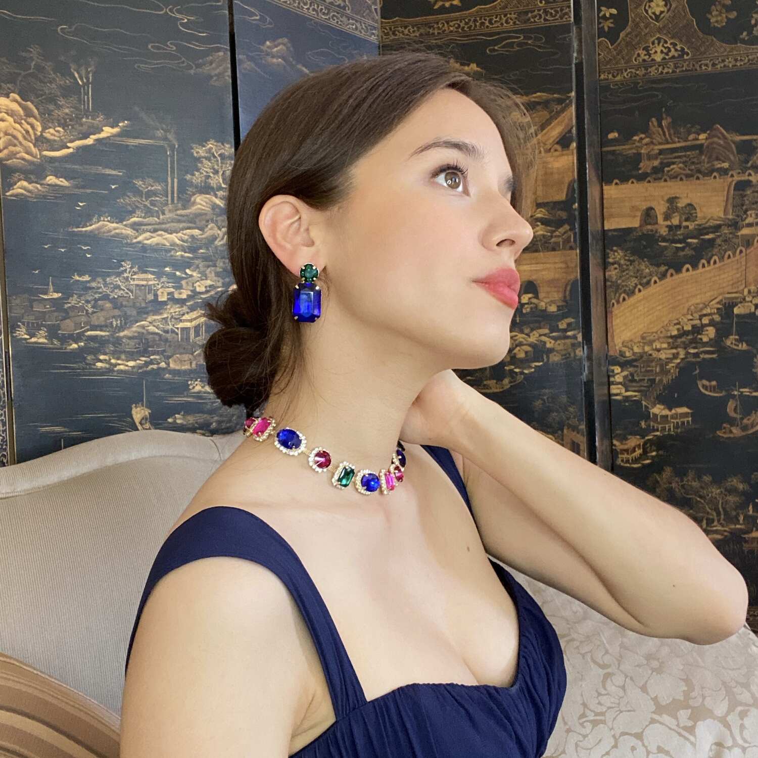 Adelle Dark Sapphire Crystal Octagon And Emerald Round Stone Drop Earrings