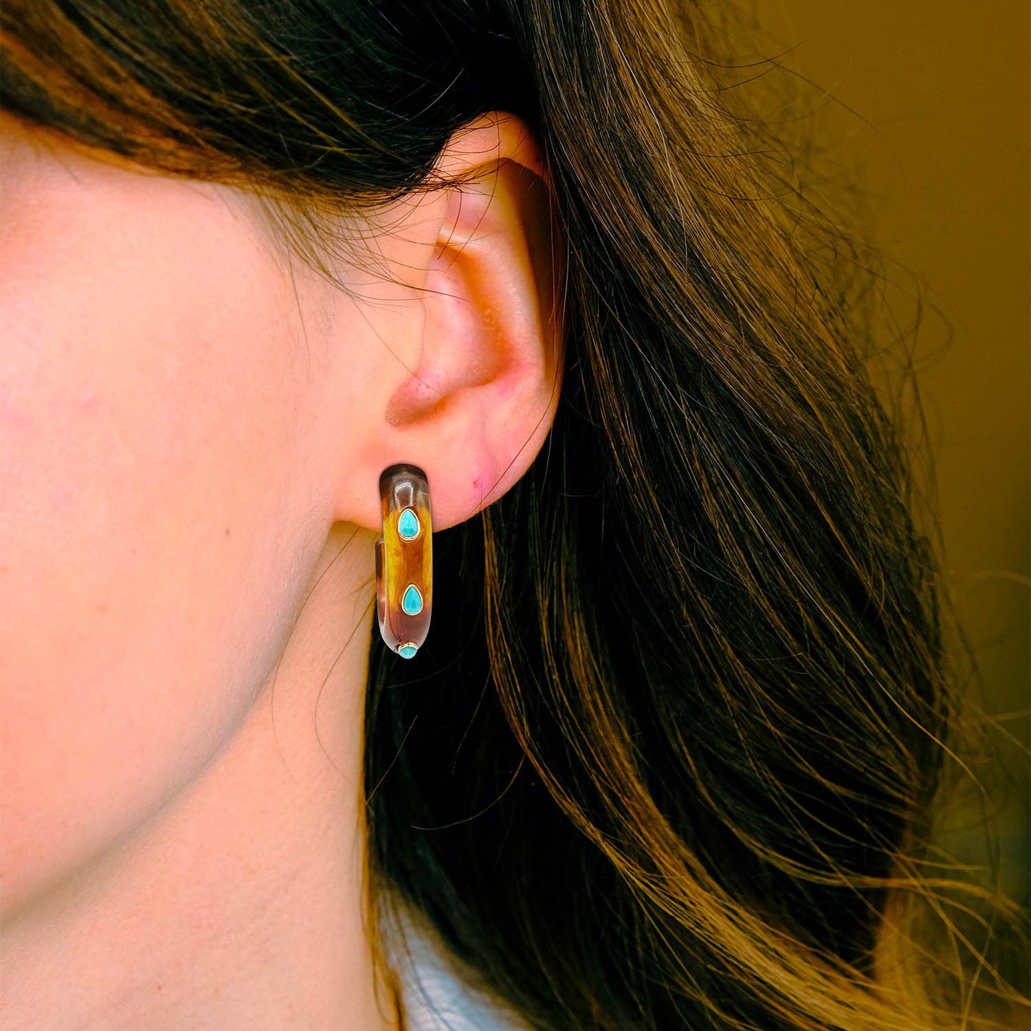 Genevieve Tortoise Resin Hoop Earrings With Faceted Turquoise Glass Pear Stones