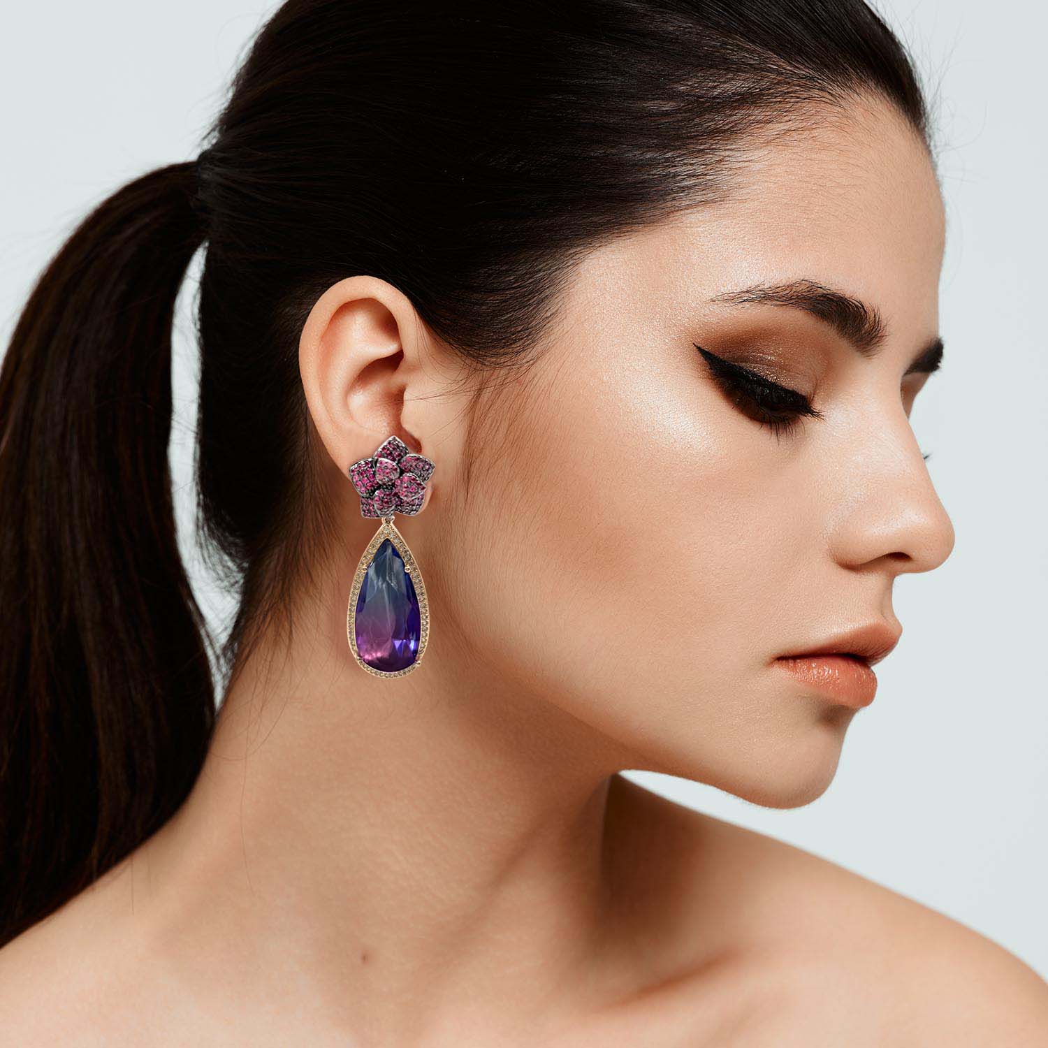 Fernanda Ruby Cubic Zirconium Flower With Elongated Amethyst Cubic Zirconium Pear Drop Earrings