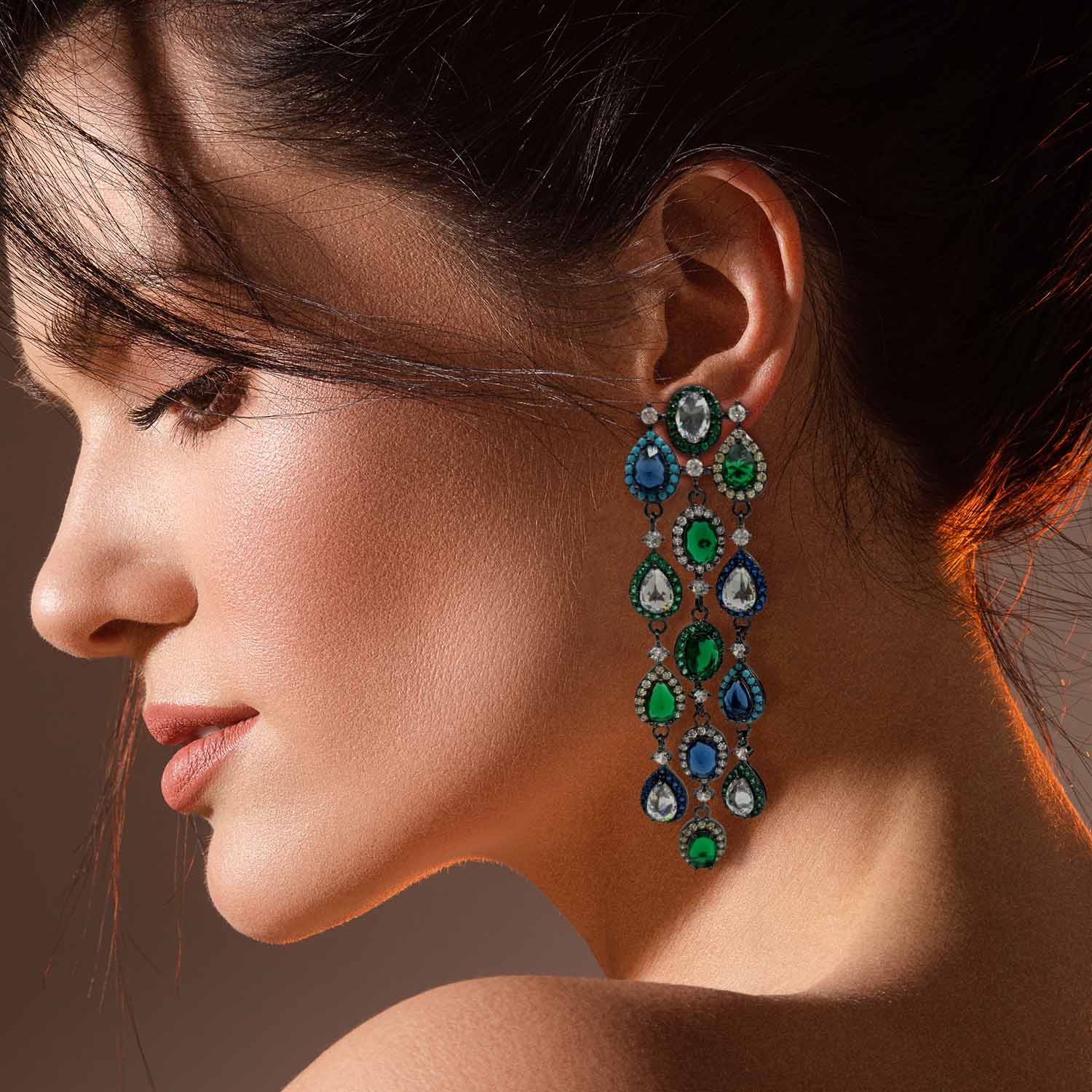 Fabiola Multi Color Crystal Gemstone Clip On Earrings Set In Blackened Rhodium