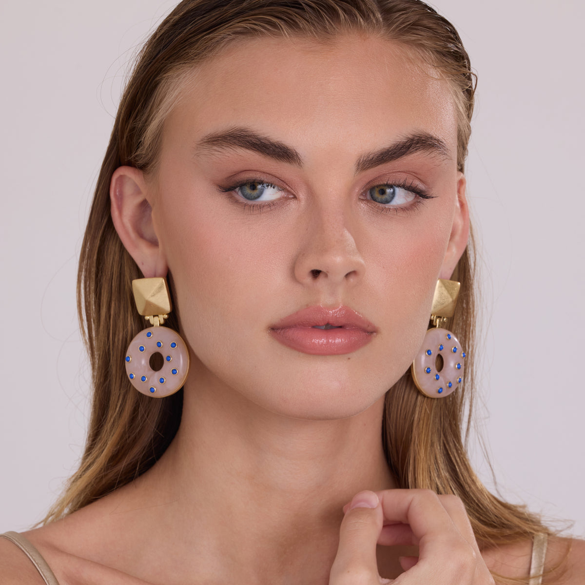 Beatrice Rose Quartz Resin With Lapis Clip Earrings