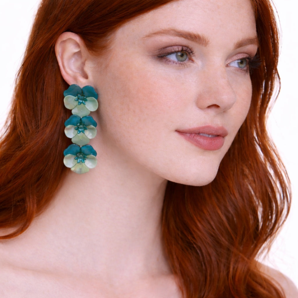 Meadow Triple Teal Floral Drop Earrings