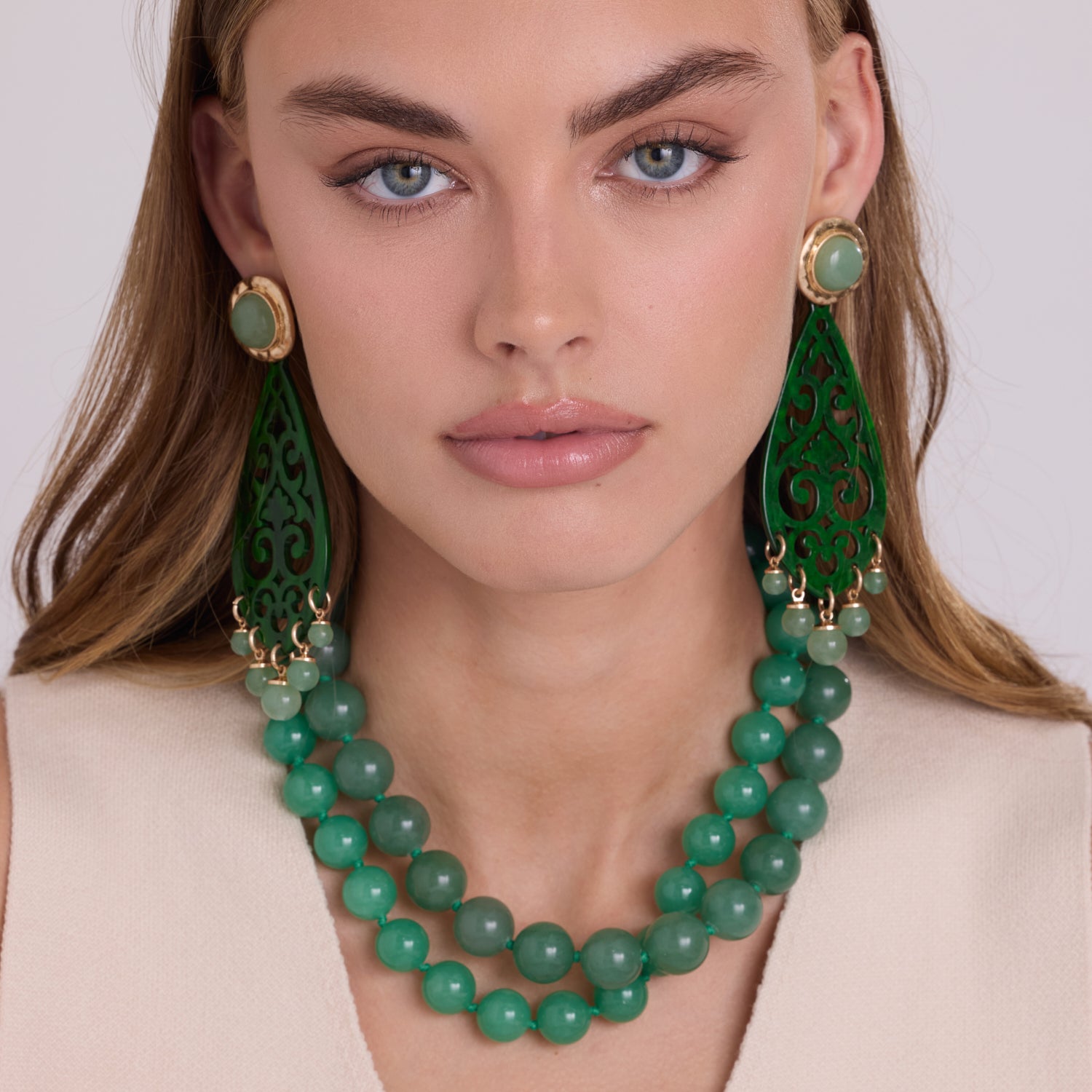 Amelia Jade Green Resin Cut Out With Green Aventurine Drops Earrings
